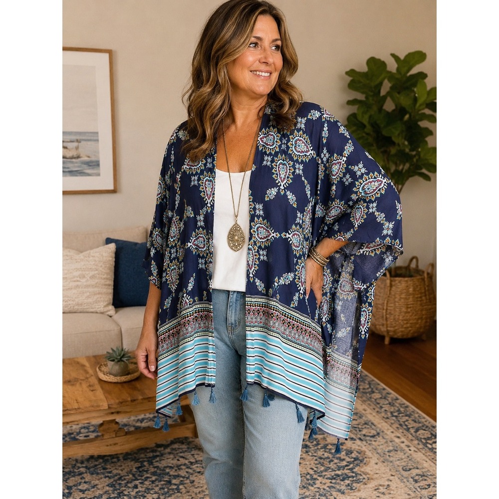 Ellen Tracy One Size Paisley Kimono Navy Blue Boho Tassel Open Front